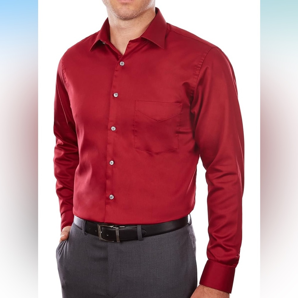 Van Heusen Dress Shirt Red Lux Sateen Regular Fit Wrinkle Free Men's 16 34/35 Lg